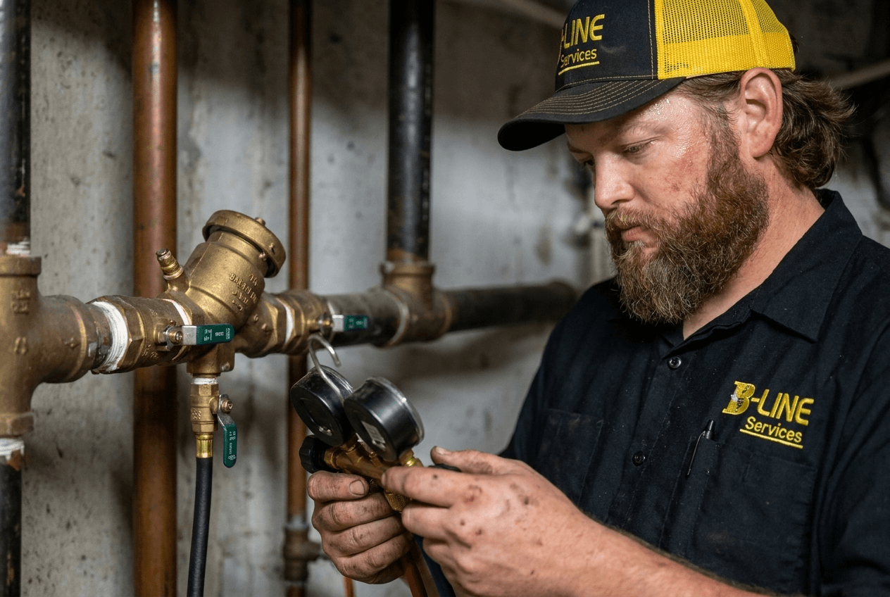 B-Line Services technician testing a commercial backflow preventer in Pocatello, Idaho