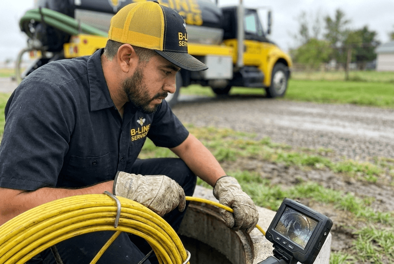 B-Line Services technician running a sewer camera line inspection in Pocatello, Idaho