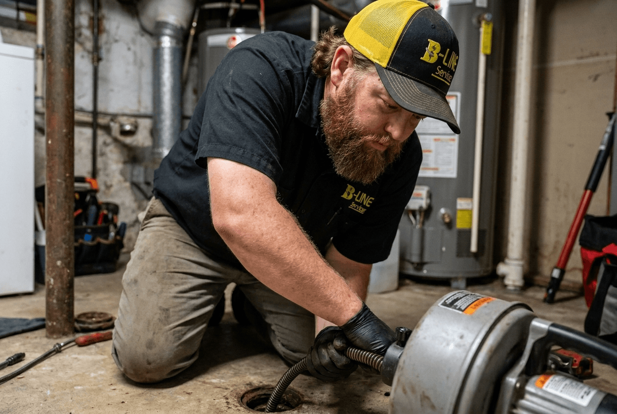 B-Line Services technician clearing a clogged drain with a powered auger in Pocatello, Idaho