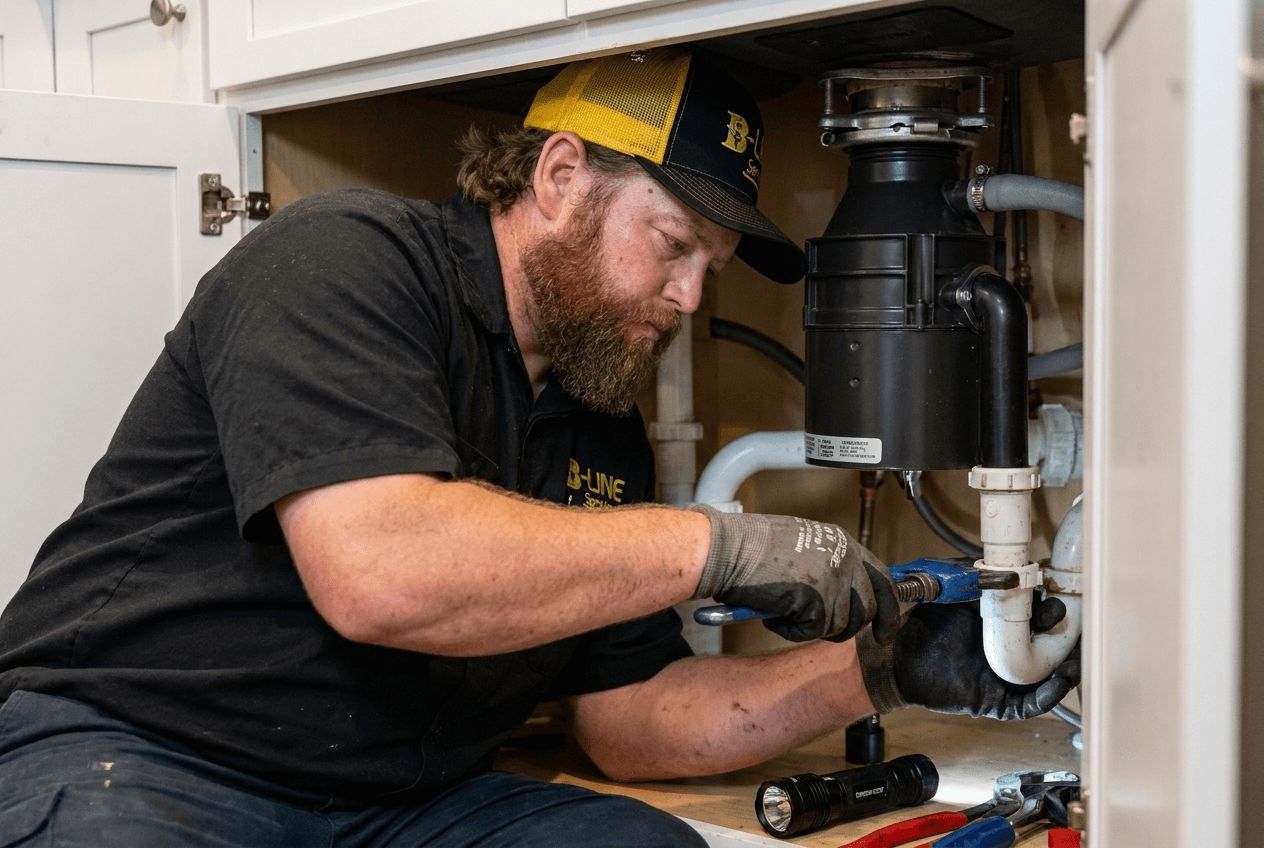 B-Line Services technician installing a garbage disposal under a kitchen sink in Pocatello, Idaho