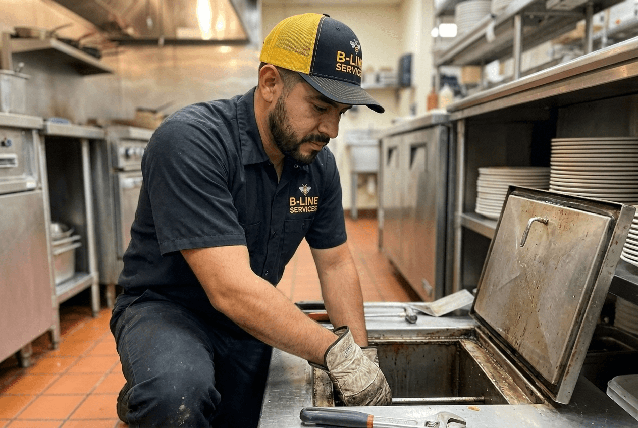 B-Line Services technician servicing a commercial kitchen grease trap in Pocatello, Idaho