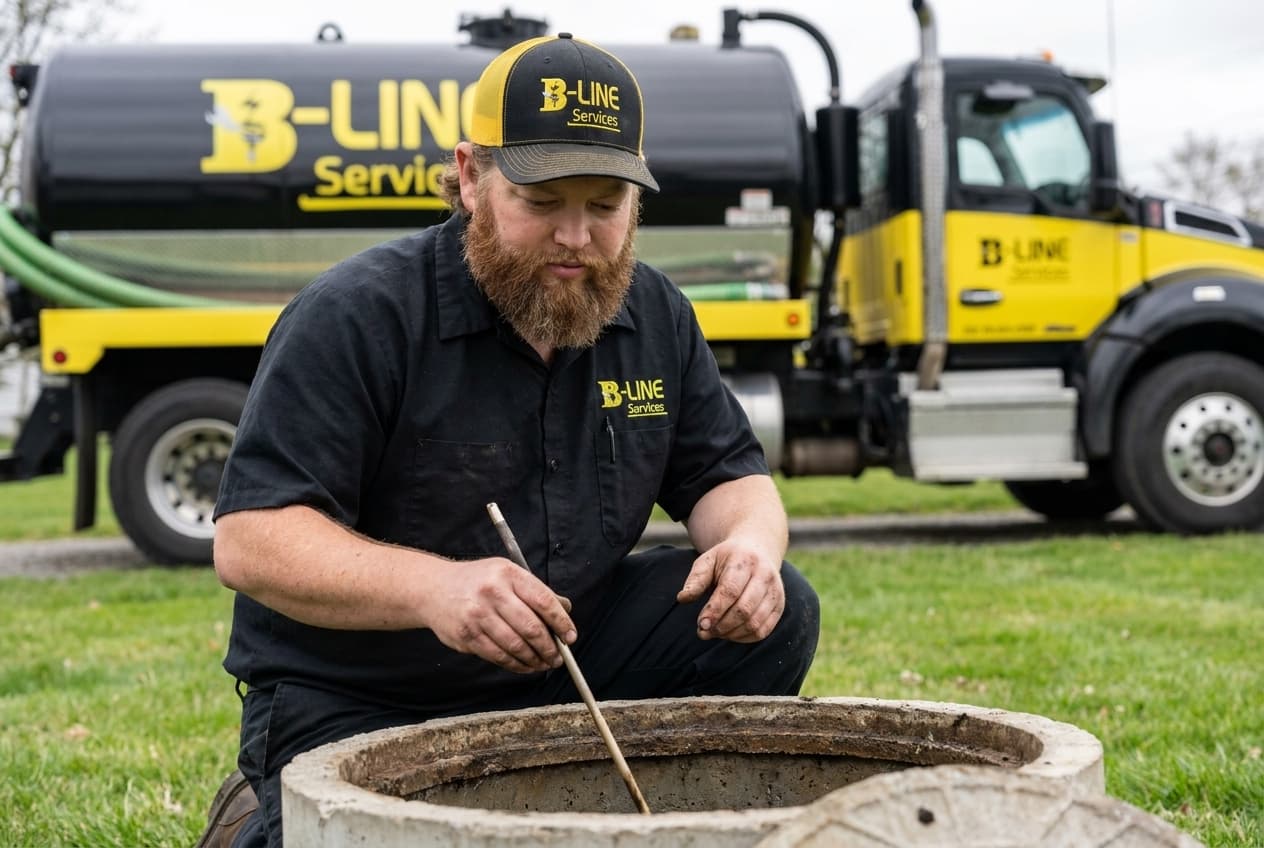B-Line Services technician inspecting a septic tank during routine maintenance