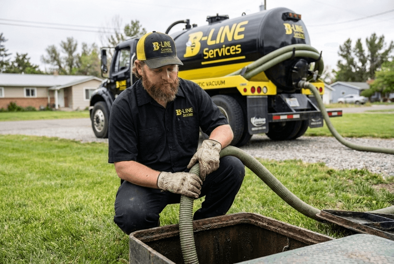 B-Line Services technician pumping out a residential septic tank in Pocatello, Idaho