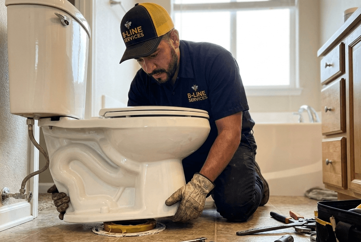 B-Line Services technician installing a toilet in Pocatello, Idaho