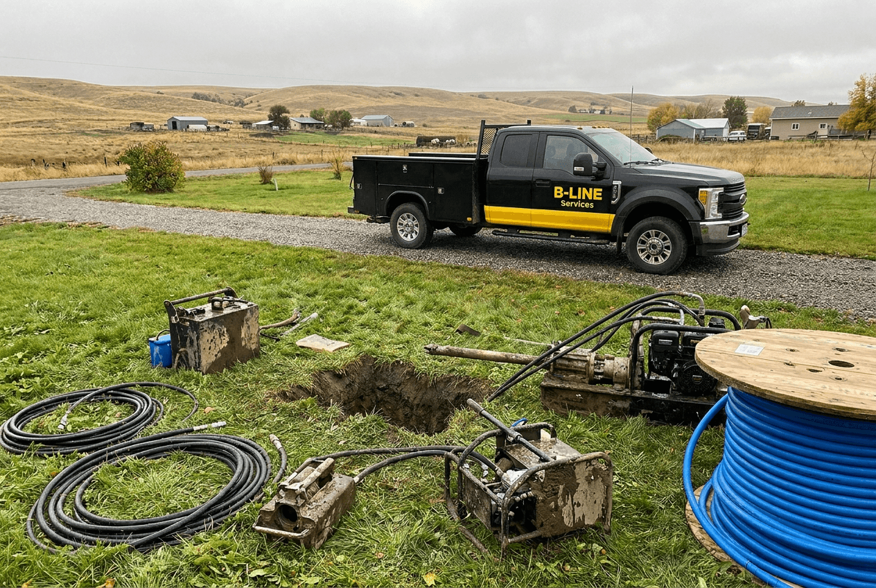 B-Line Services trenchless sewer repair jobsite with minimal lawn disruption in Southeast Idaho