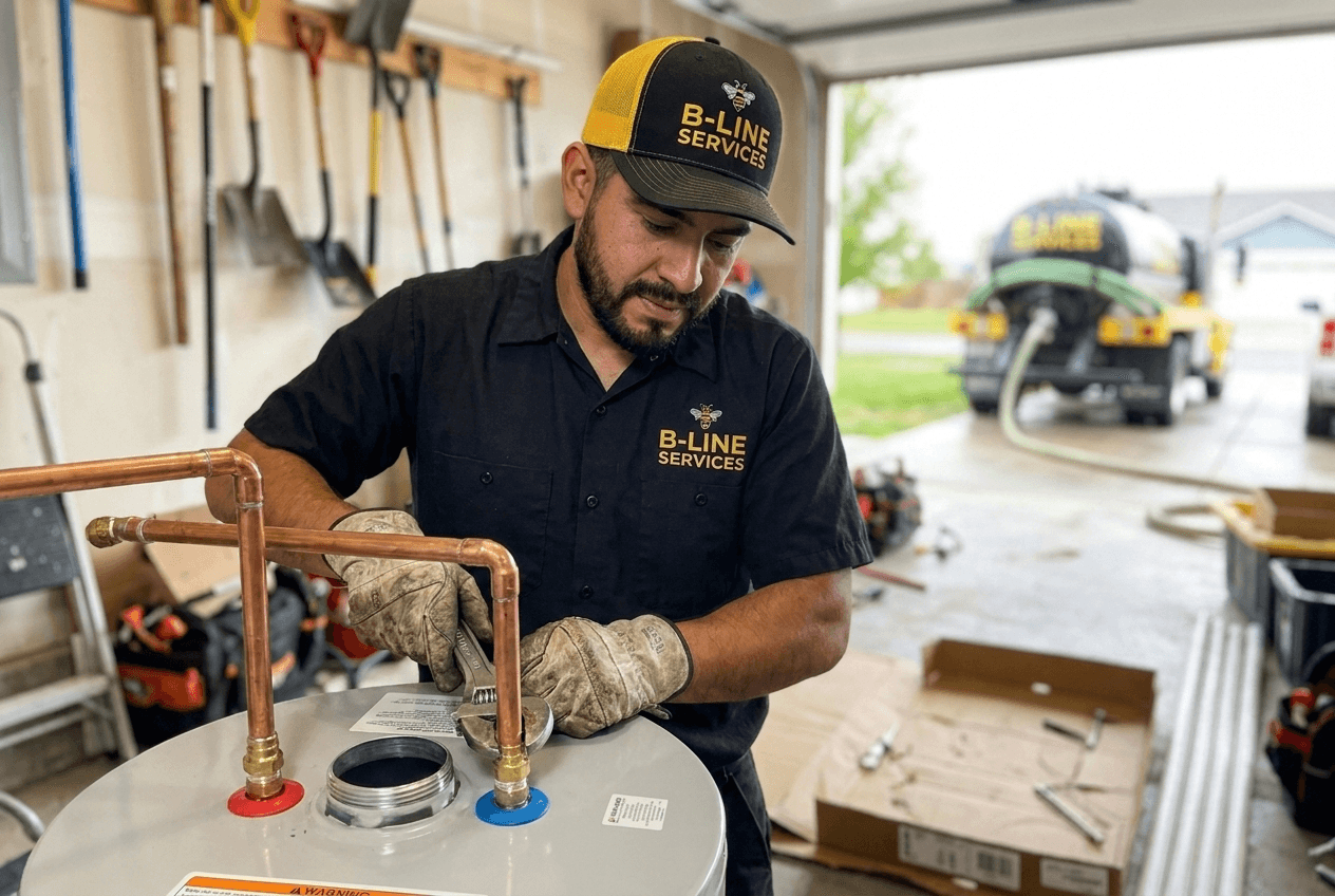 B-Line Services technician installing a residential water heater in Pocatello, Idaho