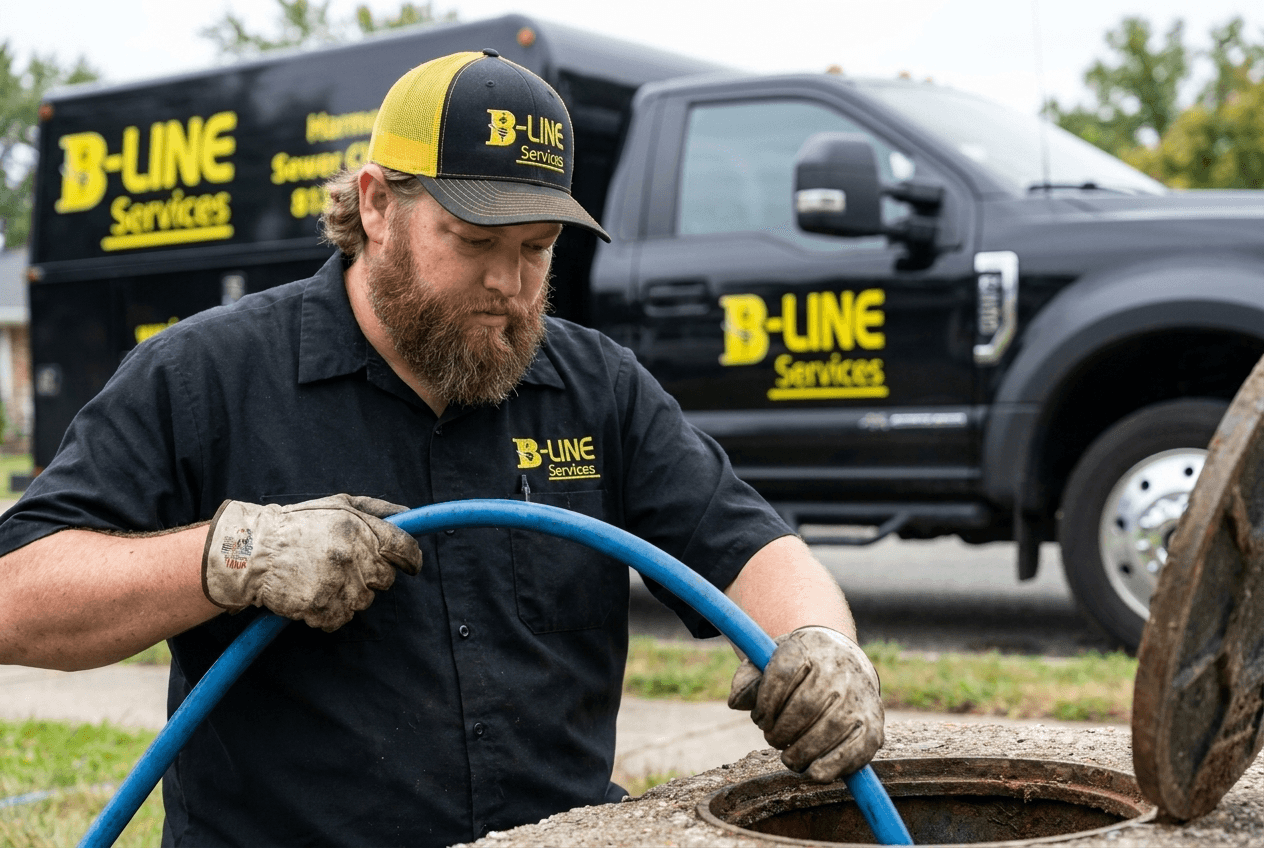 B-Line Services technician hydro jetting a commercial sewer line in Pocatello, Idaho